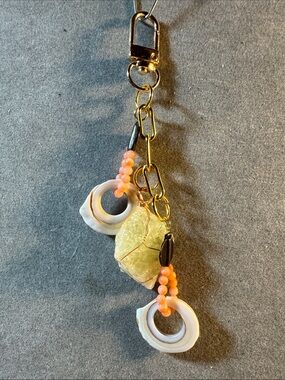 Hand Crafted Gold Chain Keychain with Pale Yellow Stone and Coral Beads
